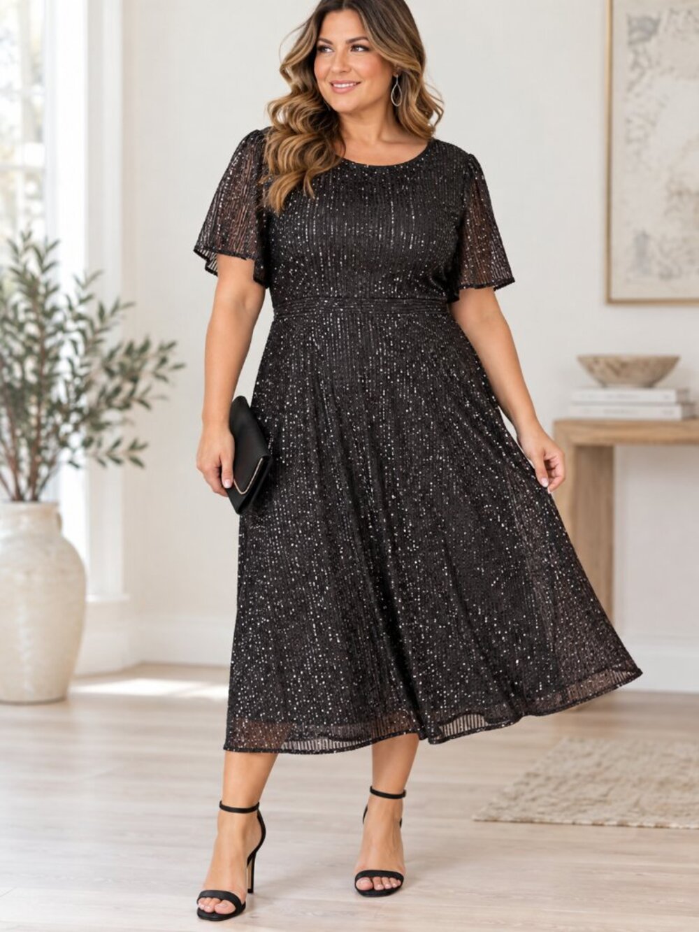 Michael Kors Sequin Long Dress Plus Size 16W Black Flutter Sleeve Formal